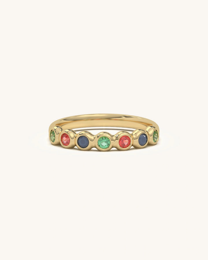 Close-up of Rainbow Stone Ring with multicolored gems on 18K Gold Vermeil 925 Sterling Silver band.