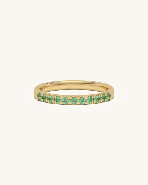 Elegant Green Classic Band Ring featuring moissanite green stones set in 18K Gold Vermeil 925 Sterling Silver.