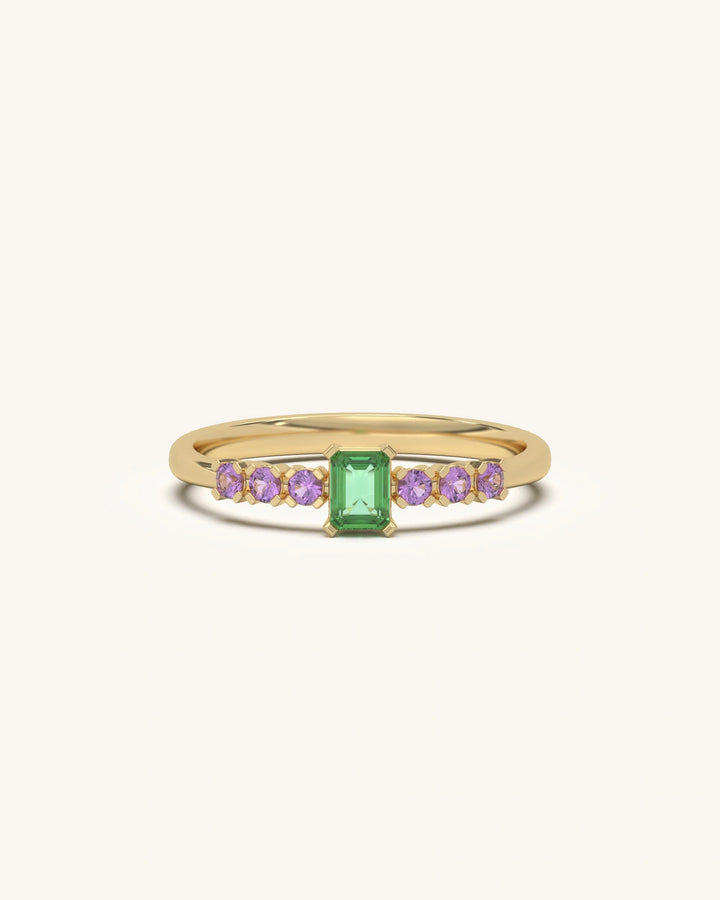 Stunning Emerald Cut Gem Ring showcasing green and pink stones set in 18K Gold Vermeil 925 Sterling Silver.