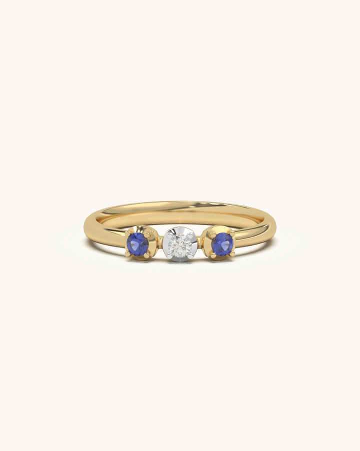 Triple Stone Accent Ring in 18K Gold Vermeil with central moissanite diamond and blue side stones