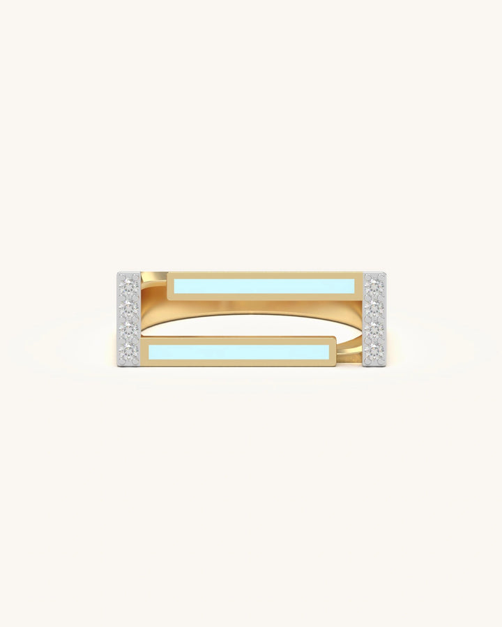Double Bar Diamond Ring in Gold Vermeil with Baby Blue Enamel and Pave Diamonds