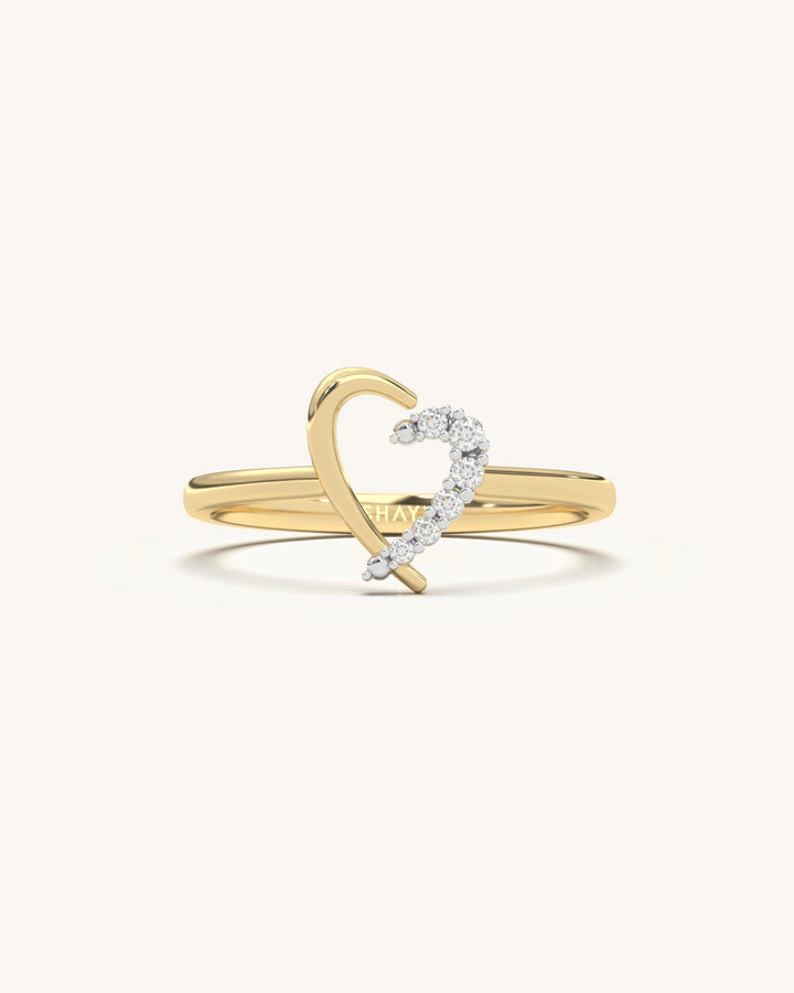 Asymmetrical 925 Sterling Silver Half Heart Ring with 18K Yellow Gold Vermeil and radiant moissanite stones