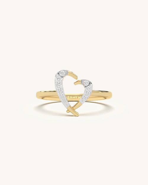Polished 925 Sterling Silver Soulmate Heart Ring with 18K Yellow Gold Vermeil and interlocking moissanite encrusted heart outlines