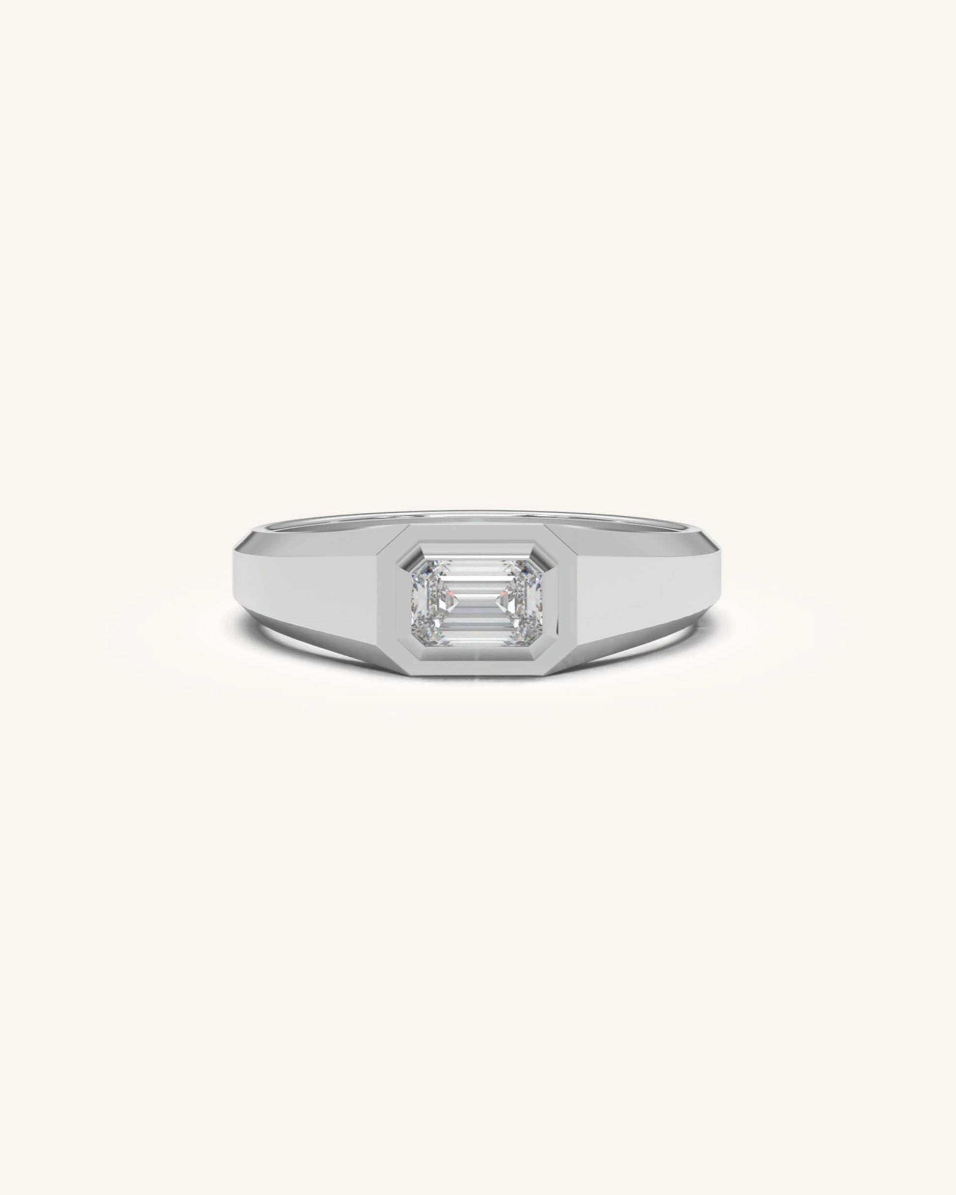 Solitaire ring for men with emerald-cut stone in gold vermeil bezel setting
