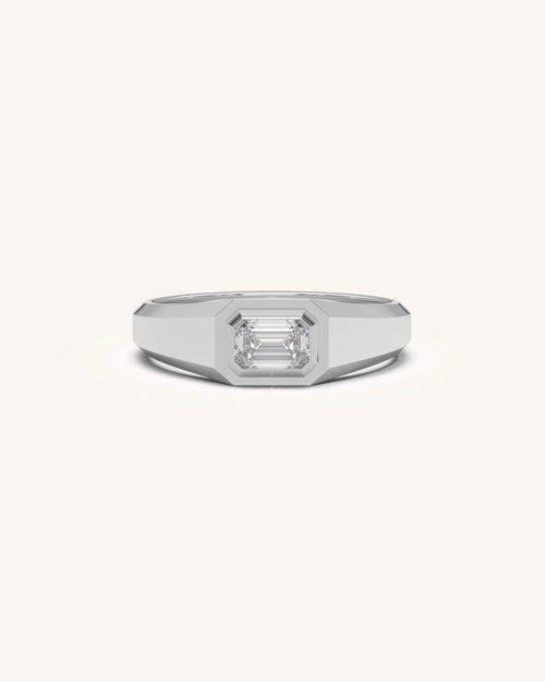 Solitaire ring for men with emerald-cut stone in gold vermeil bezel setting