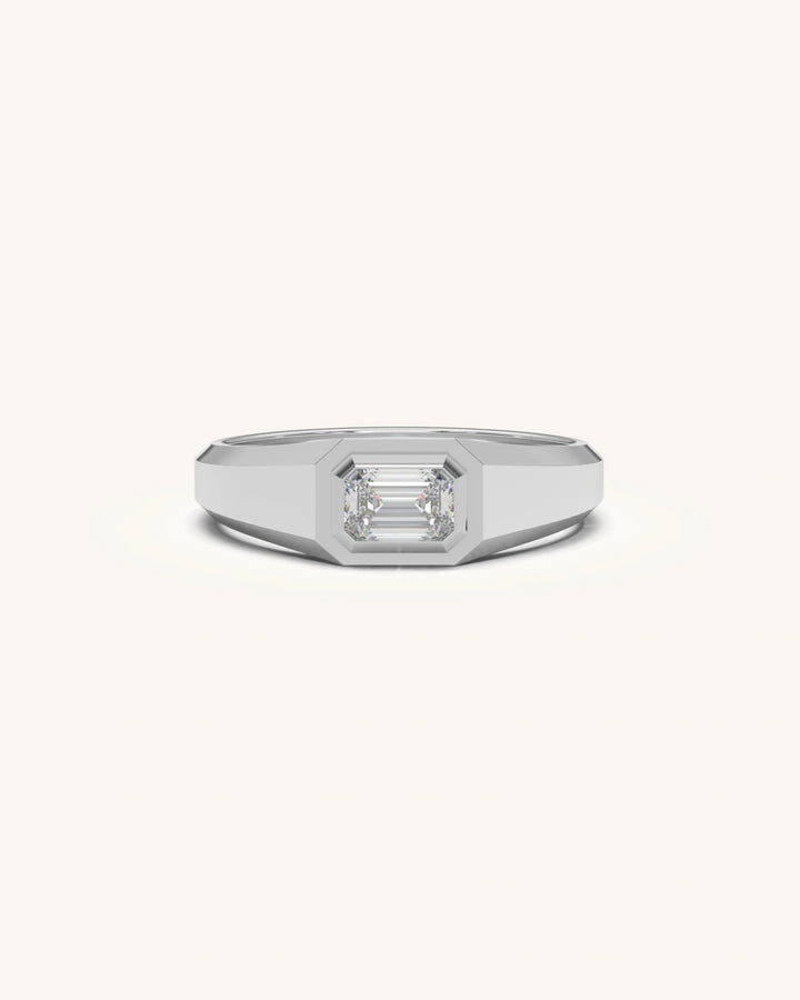 Solitaire ring for men with emerald-cut stone in gold vermeil bezel setting