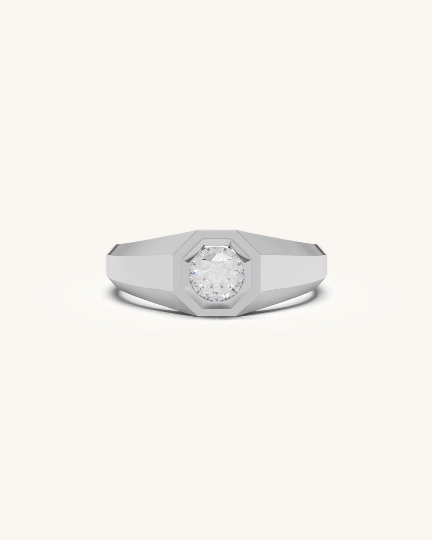 Mens solitaire diamond ring with round cut Moissanite in gold vermeil bezel setting