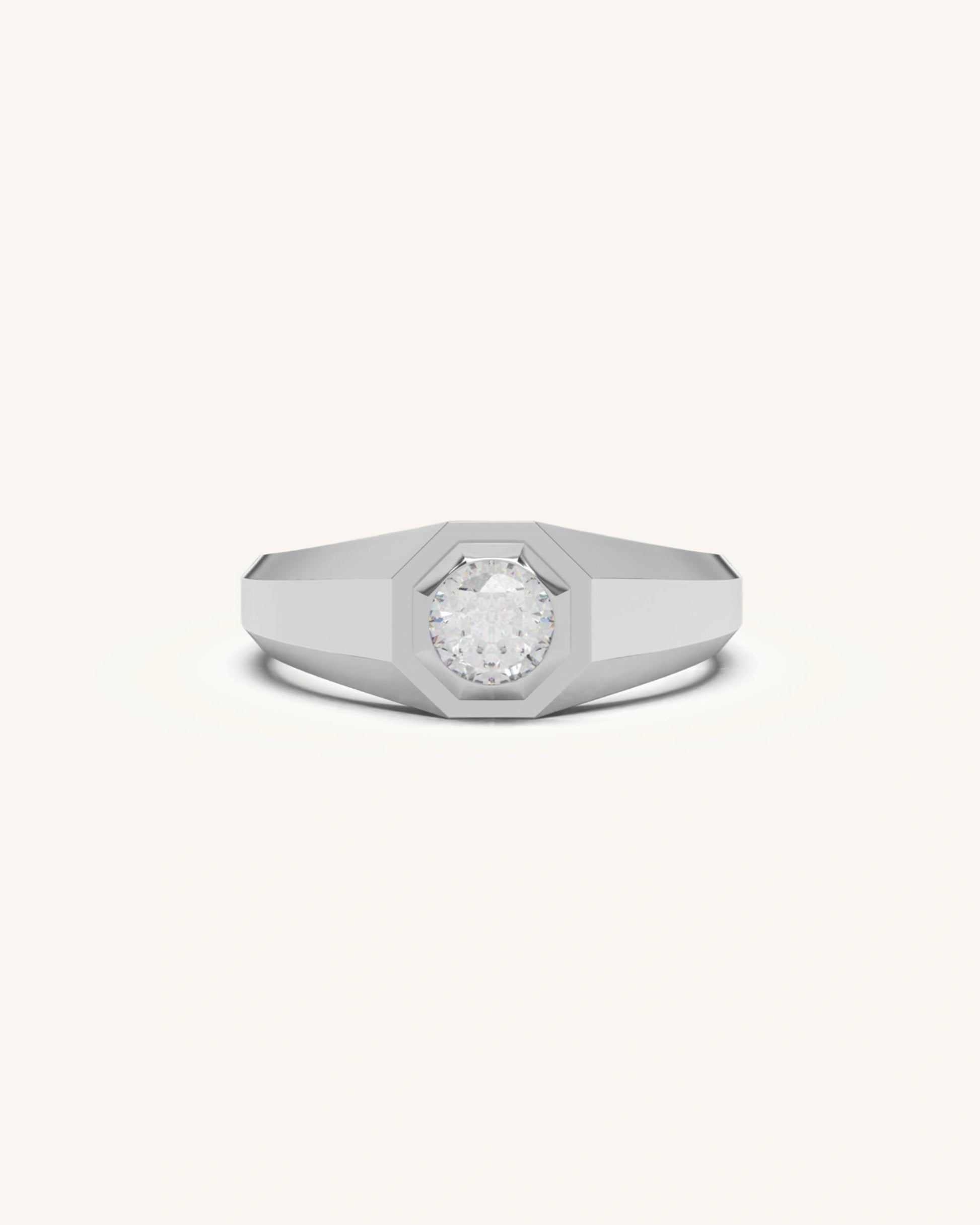 Mens solitaire diamond ring with round cut Moissanite in gold vermeil bezel setting