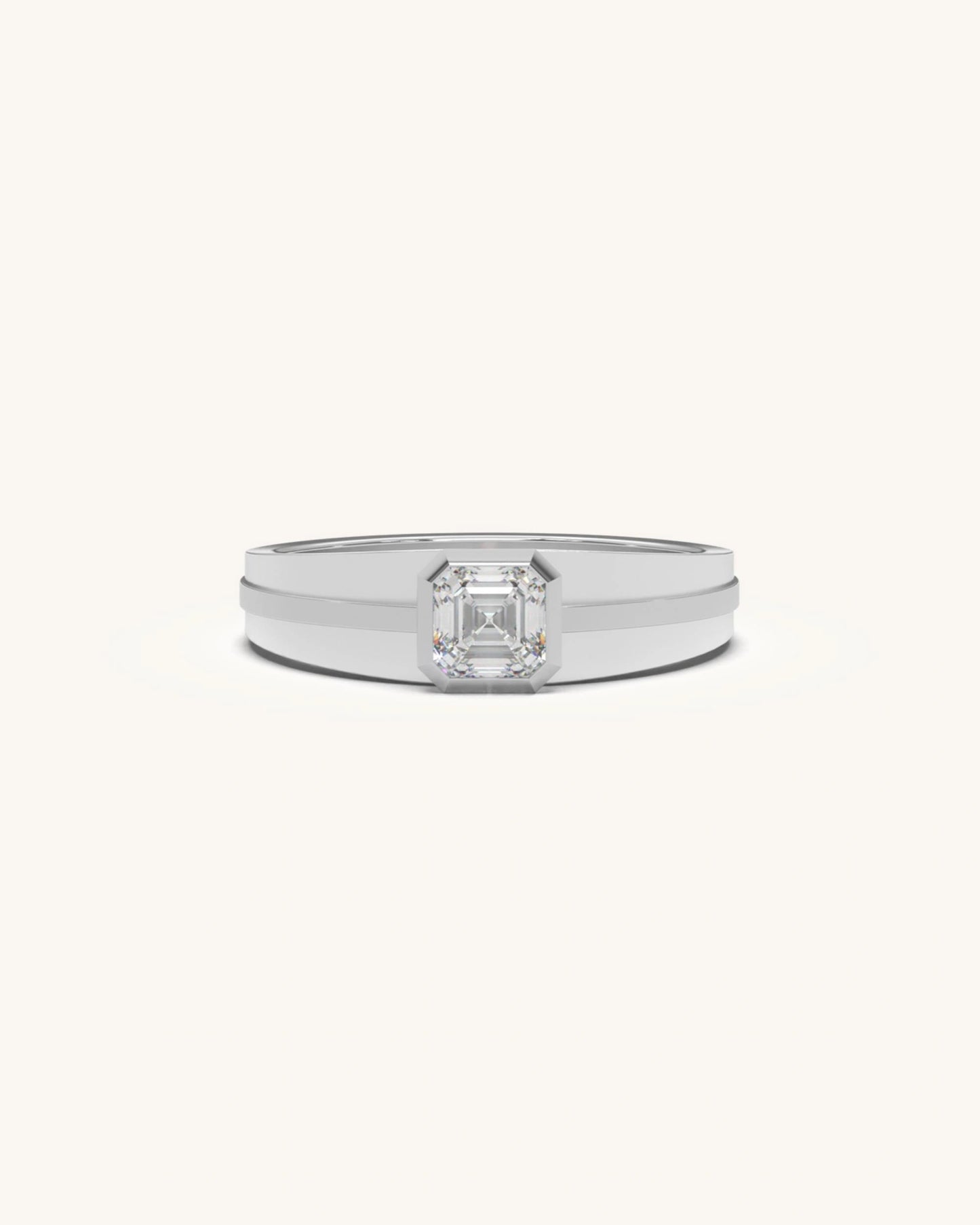 Solitaire diamond ring with radiant-cut bezel setting in sterling silver
