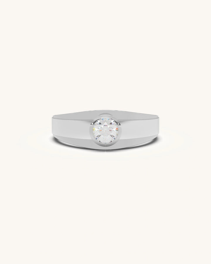 Round solitaire bezel band for men in 18KT gold vermeil - Premium diamond ring for men price and style by Shayn.