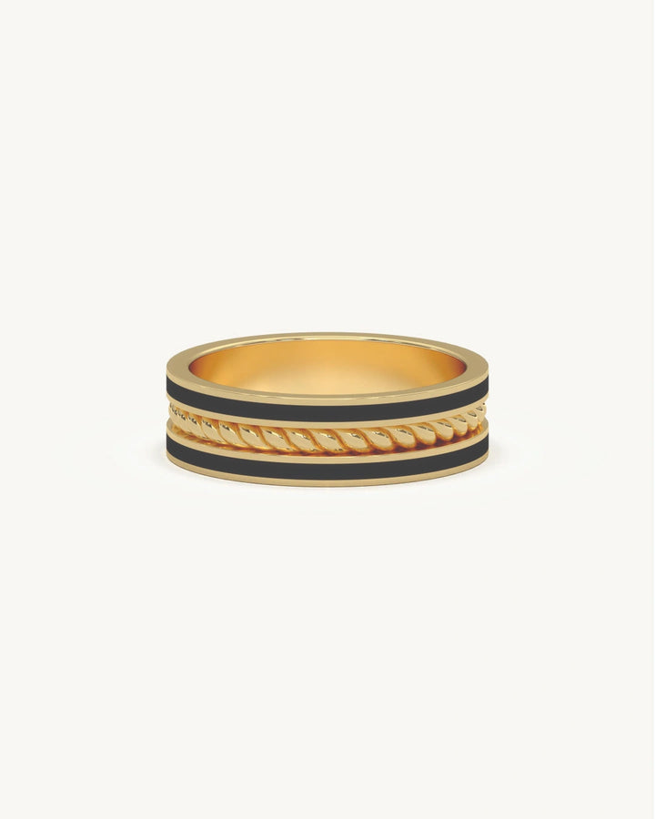 Men’s band rings wide rope design with black enamel in 18KT Gold Vermeil finish