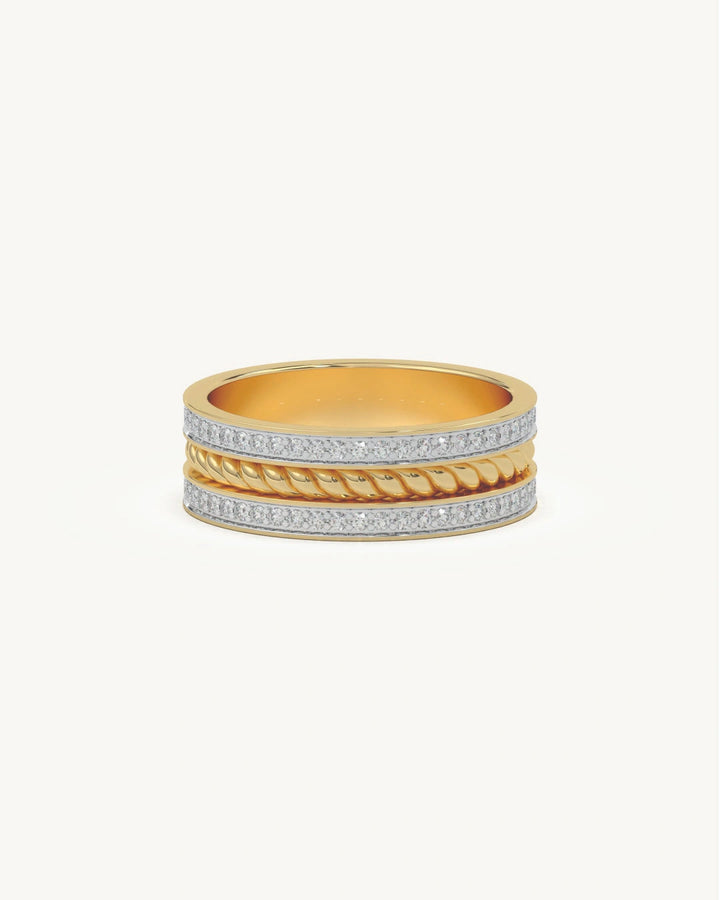 Diamond band ring with pavé Mossanite rows and rope motif in 18KT Gold Vermeil finish