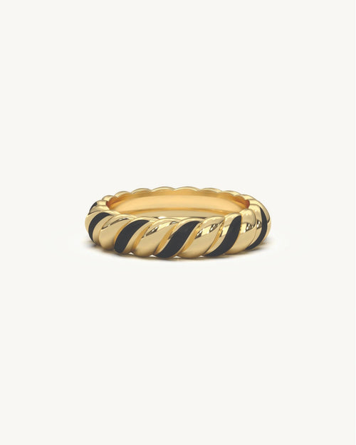 Black rings for men twisted rope band with black enamel in 18KT Gold Vermeil finish