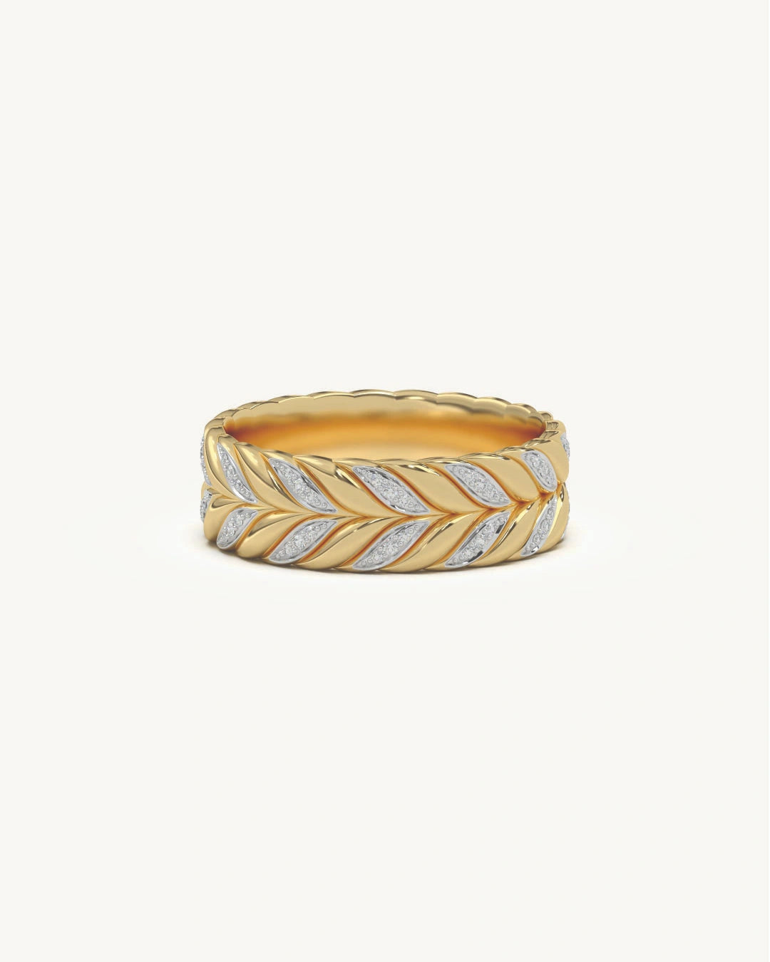 Mens diamond ring designs feather texture band in 18KT Gold Vermeil finish