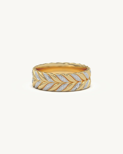Mens diamond ring designs feather texture band in 18KT Gold Vermeil finish
