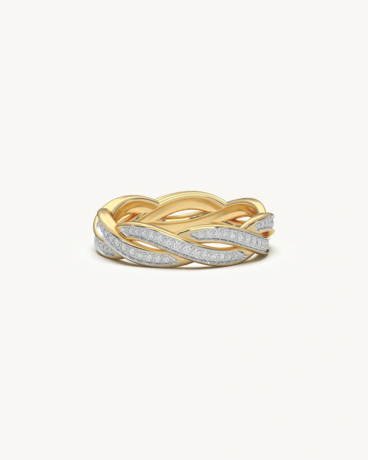 Diamond band ring with braided pavé Mossanite design in 18KT Gold Vermeil