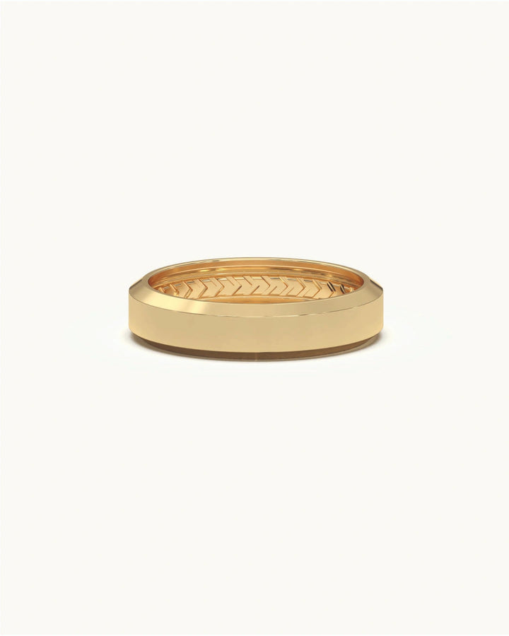 Birthday silver ring for boyfriend with beveled band and inner chevron engraving in 18KT Gold Vermeil finish