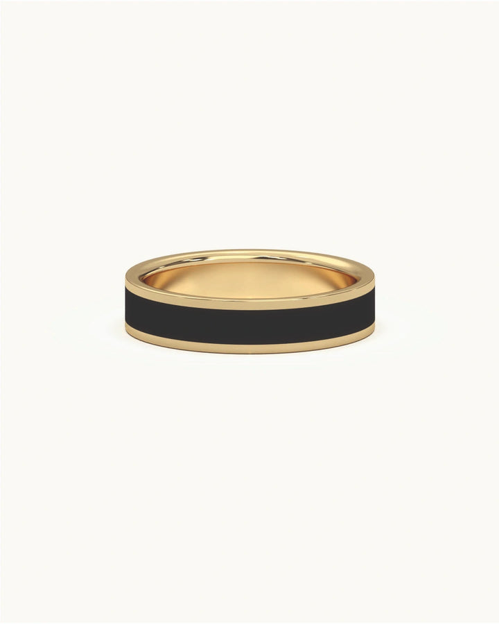 Black silver ring for men with wide black enamel stripe in 8KT Gold Vermeil finish