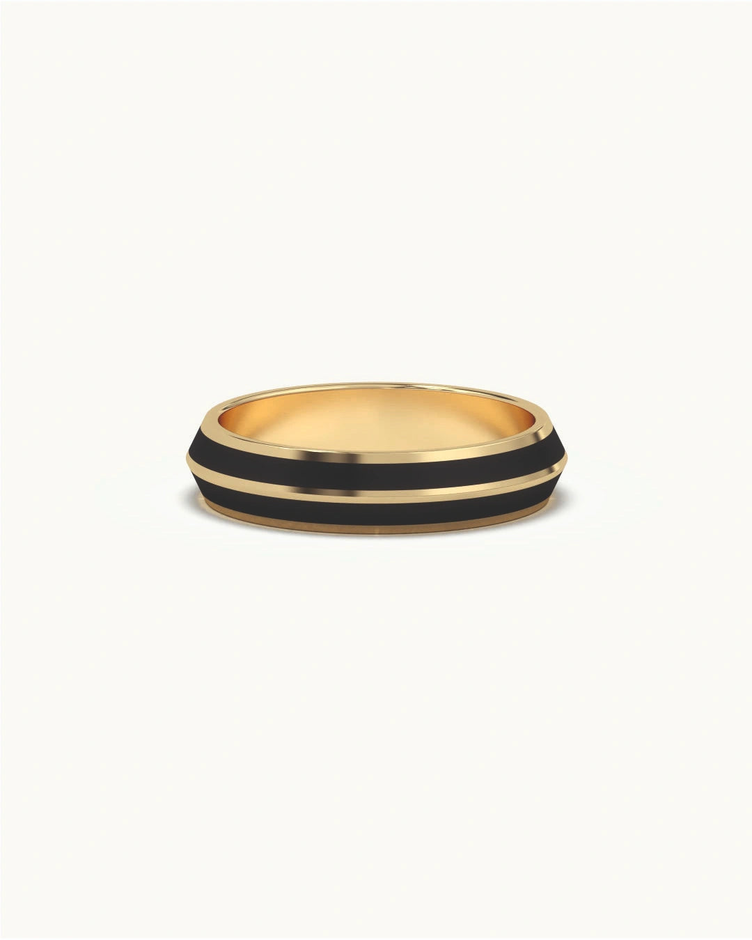 Black ring for boys with knife-edge design and dual black enamel stripes in 8KT Gold Vermeil finish