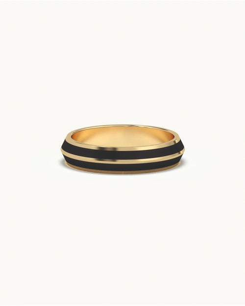 Black ring for boys with knife-edge design and dual black enamel stripes in 8KT Gold Vermeil finish