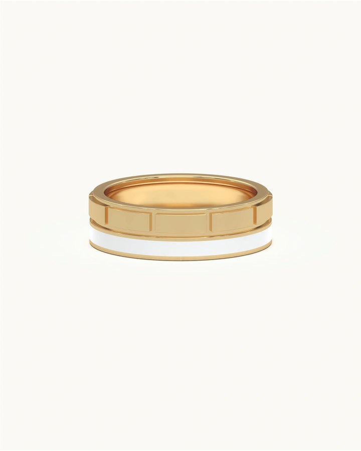 Mens gold plated rings with geometric blocks and white enamel in 8KT Gold Vermeil finish