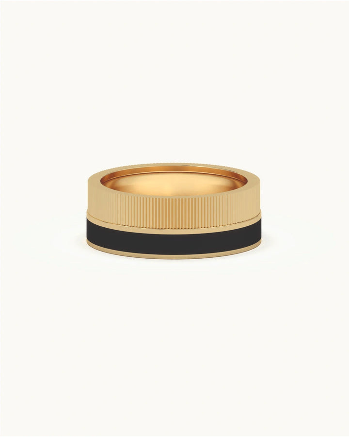Men's band rings with knurled texture and black enamel in 8KT Gold Vermeil finish