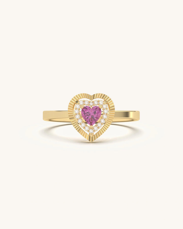 Pink Heart Ring in 925 Sterling Silver with 18KT Gold Vermeil, Pink Stone and White Halo