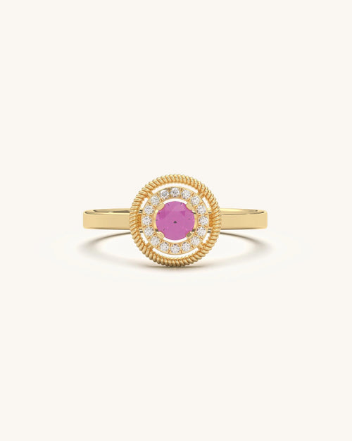 Classic Halo Ring in 925 Sterling Silver with 18KT Gold Vermeil, Pink Stone and Double White Halo