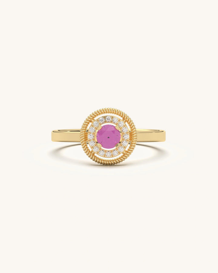 Classic Halo Ring in 925 Sterling Silver with 18KT Gold Vermeil, Pink Stone and Double White Halo