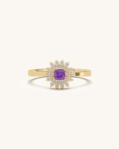 Amethyst Bloom Ring with cushion-cut purple amethyst and white floral accents in 18K gold vermeil sterling silver