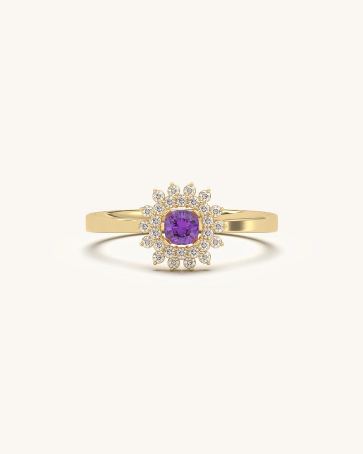 Amethyst Bloom Ring with cushion-cut purple amethyst and white floral accents in 18K gold vermeil sterling silver