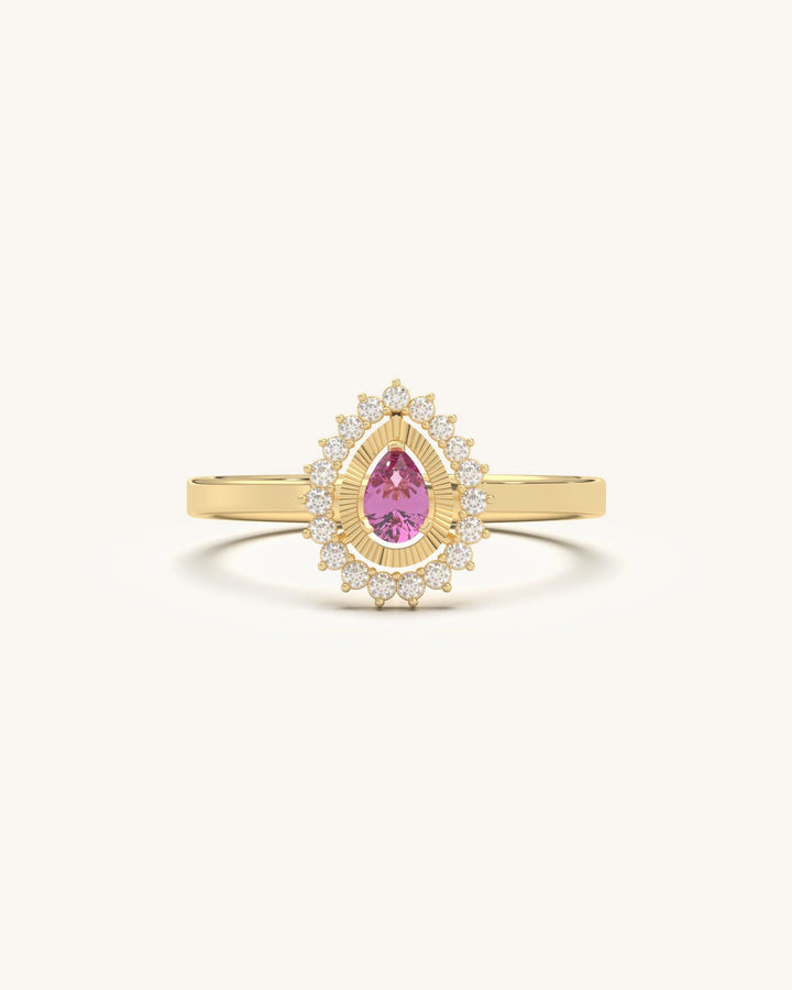 Teardrop Sparkle Ring with pink pear-shaped center stone and white starburst halo in 18K gold vermeil sterling silver