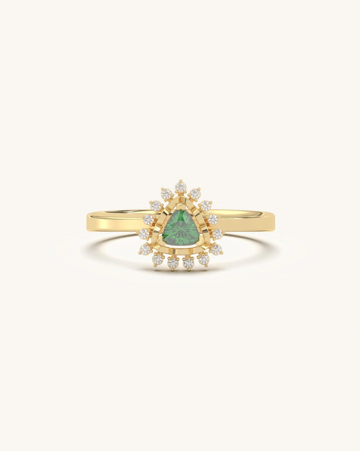 Emerald Crown Ring with triangle-cut green emerald-like gemstone and white sunburst accents in 18K gold vermeil sterling silver