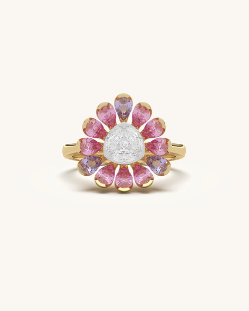 Diamond rings for women with round center and floral petal design in 18KT Gold Vermeil
