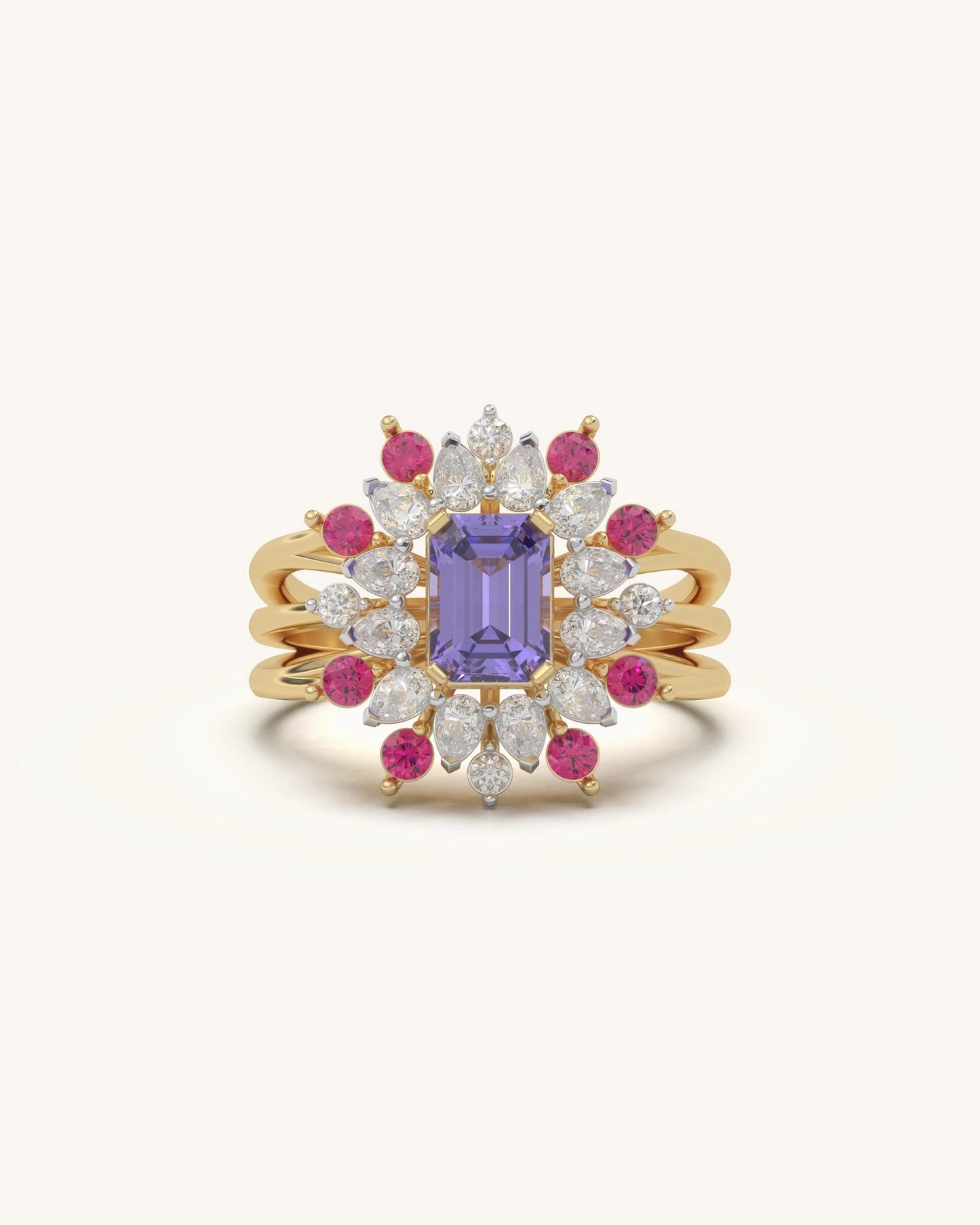Halo diamond ring with rectangular center stone in 18KT Gold Vermeil