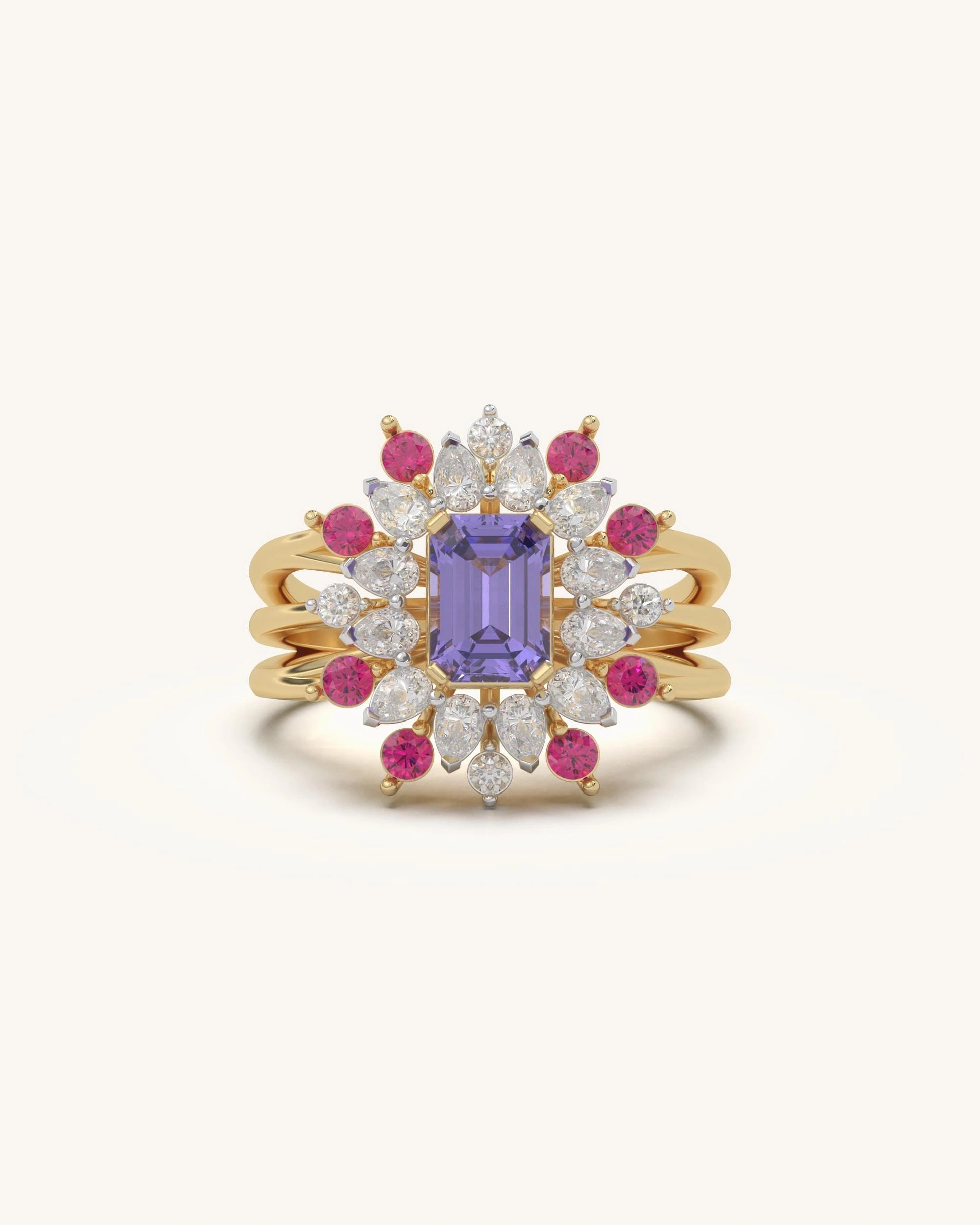 Halo diamond ring with rectangular center stone in 18KT Gold Vermeil
