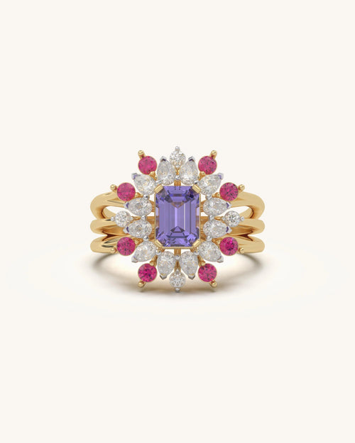 Halo diamond ring with rectangular center stone in 18KT Gold Vermeil