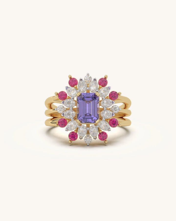 Halo diamond ring with rectangular center stone in 18KT Gold Vermeil