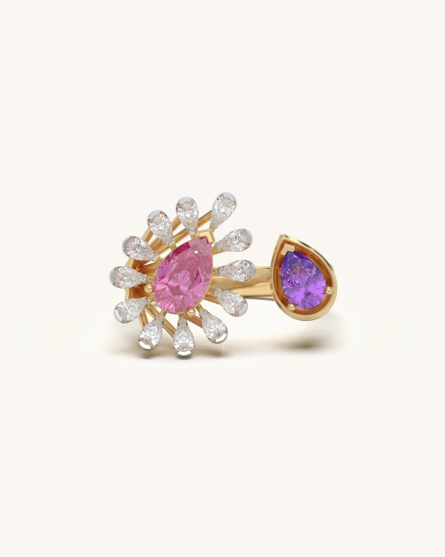 Pink diamond ring with pear-shaped center in 18KT Gold Vermeil