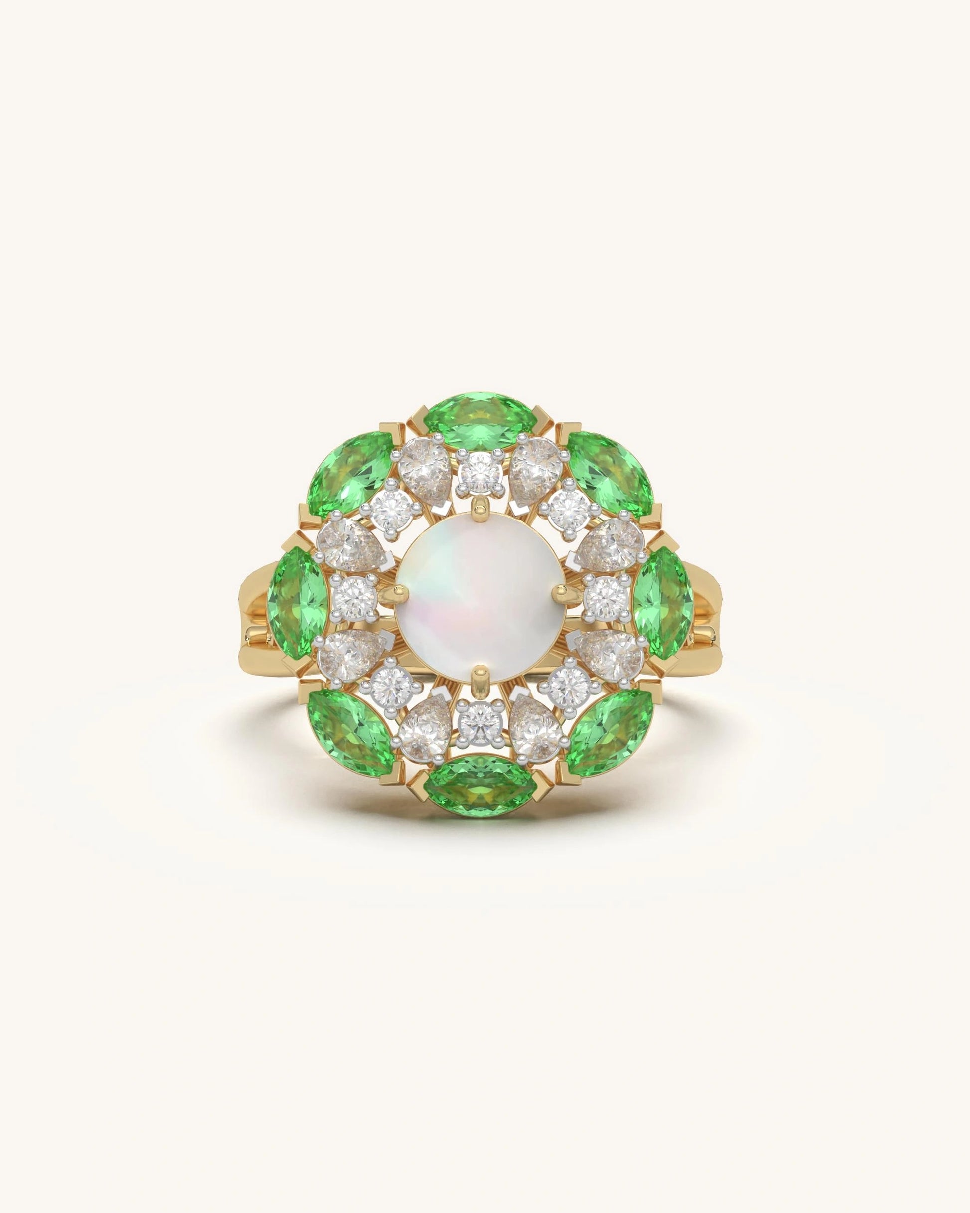 Nature-inspired floral gold ring for women with green petal accents in 18KT gold vermeil - Shayn Jewelry