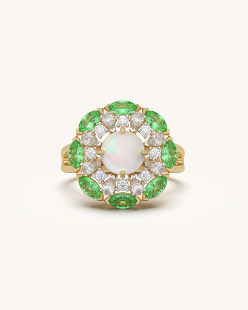 Nature-inspired floral gold ring for women with green petal accents in 18KT gold vermeil - Shayn Jewelry