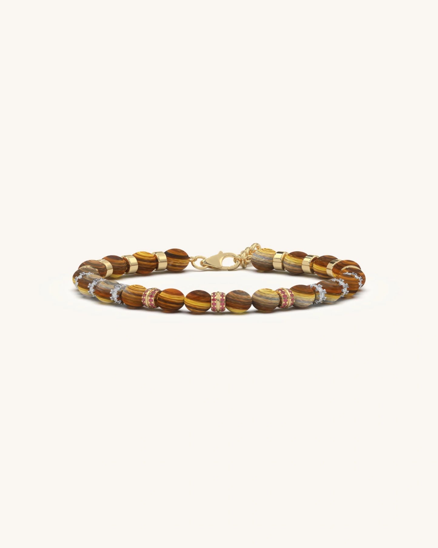 Tiger eye bracelet with ruby gemstone dividers and sturdy clasp