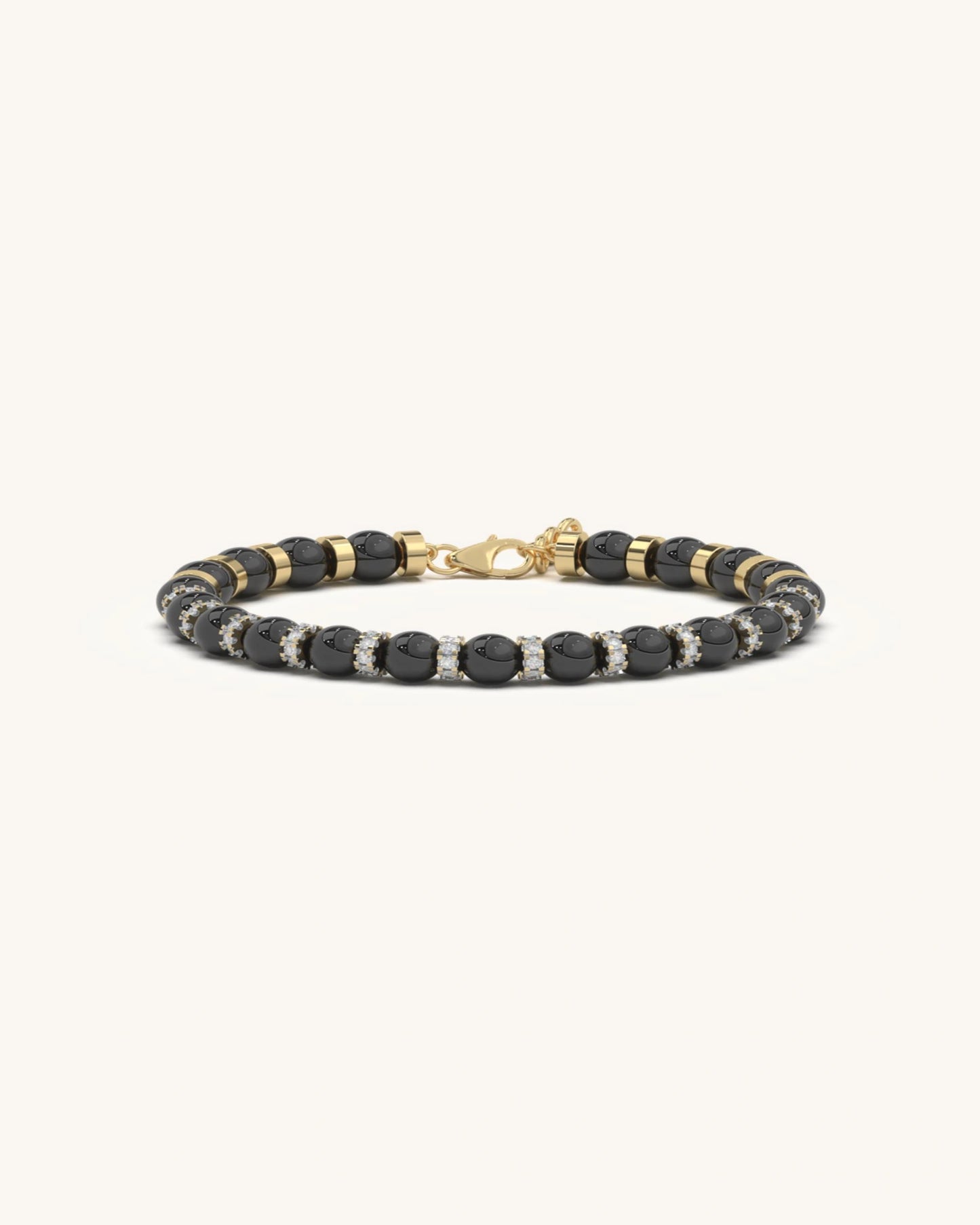 Mens black bracelet with black onyx beads and gold pavé spacers