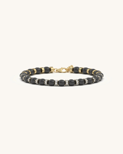 Mens black bracelet with black onyx beads and gold pavé spacers