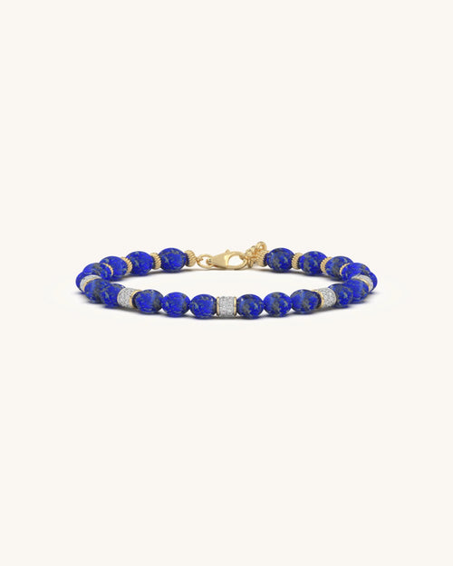 Blue stone bracelet with Lapis beads and textured gold elements