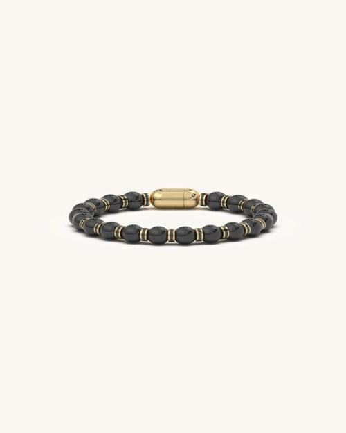 Mens black bracelet with onyx beads and gold spacers modern design