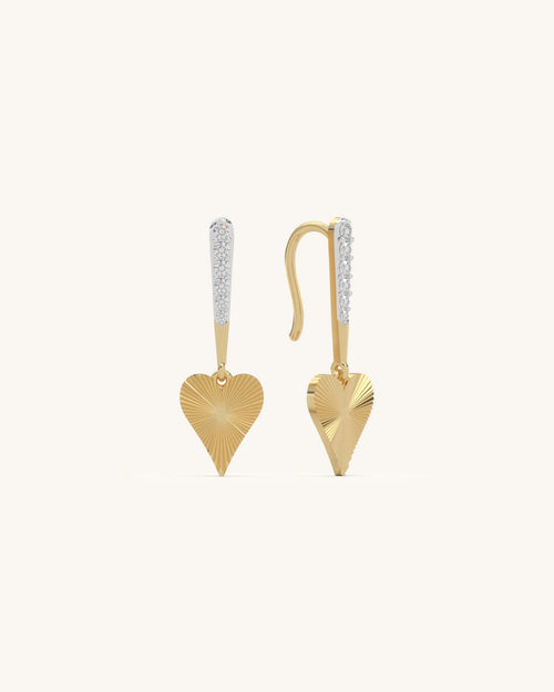 Image of SHAYN Luminous Heart Drops, 18KT Gold Vermeil, with vertically ridged heart designs and studded hooks, ideal for occasion wear.