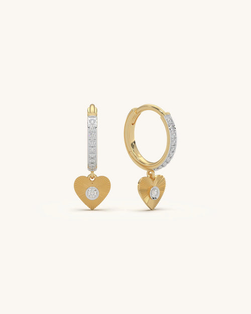 Heart earrings with diamond hoops and textured drops in 18KT Gold Vermeil
