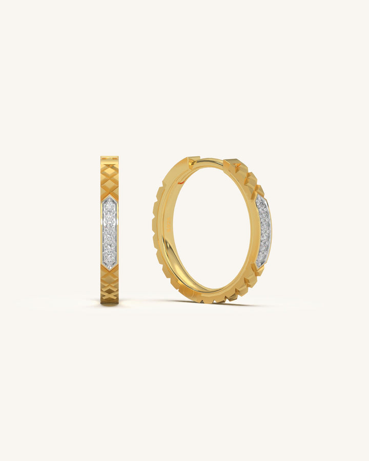 Close-up of Textured Curve Hoops in 18KT Gold Vermeil 925 Sterling Silver with moissanite diamonds, showcasing diamond-cut texture.
