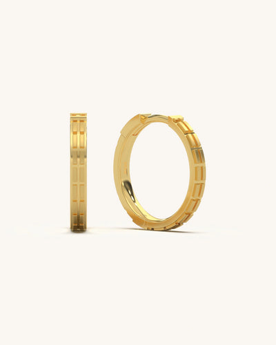 Contemporary Rectangular Groove Hoops in 18KT Gold Vermeil 925 Sterling Silver, featuring distinctive cut-out rectangular grooves.